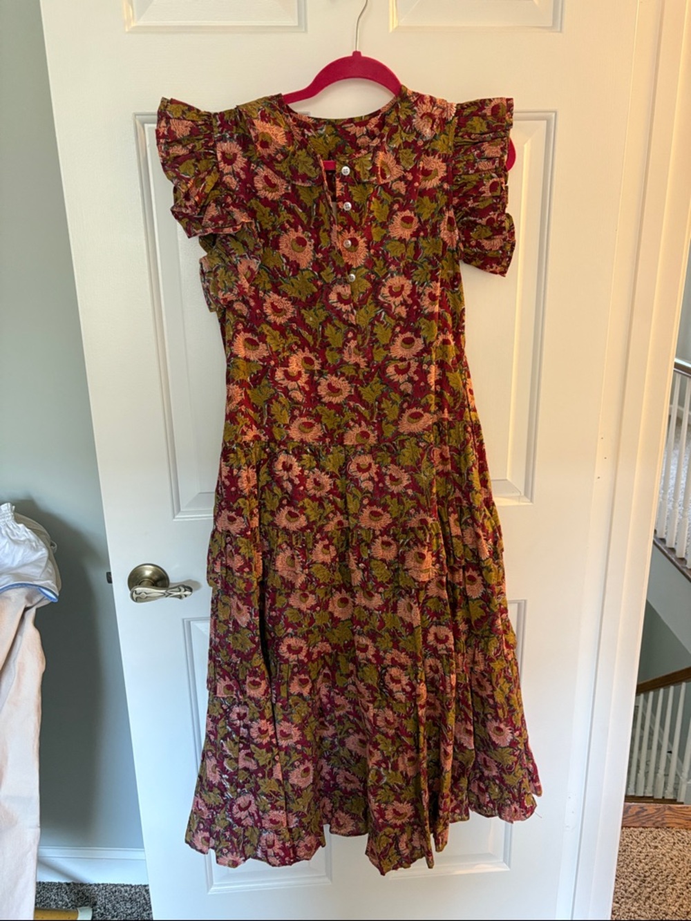 Victoria Dunn Floral Ruffle Sleeve Midi Dress in Burgundy